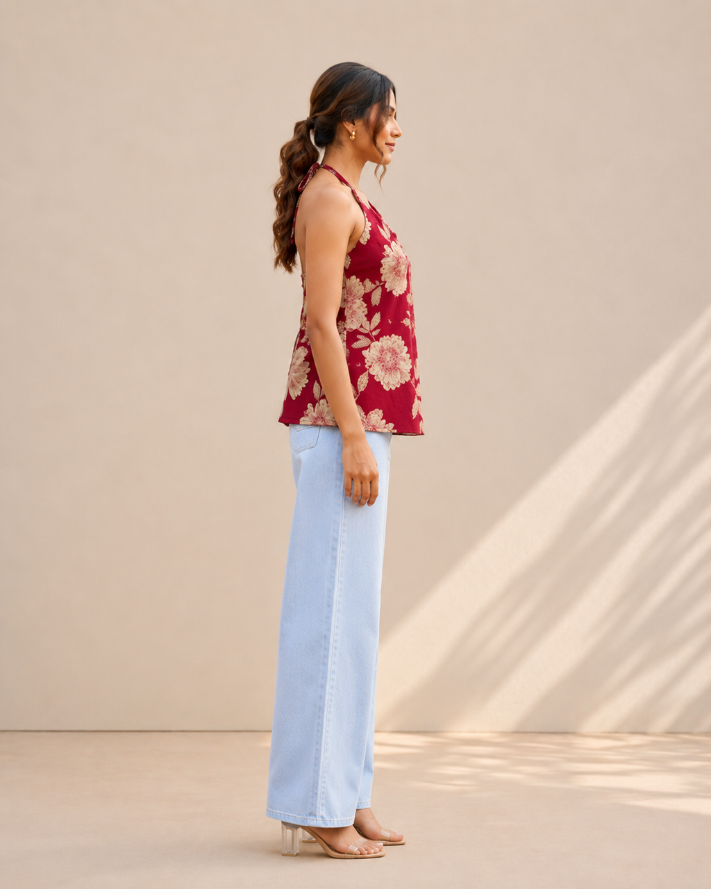 Crimson Red Floral Halter Neck Kurti | Corset Back Cotton Kurti — KUMAAI