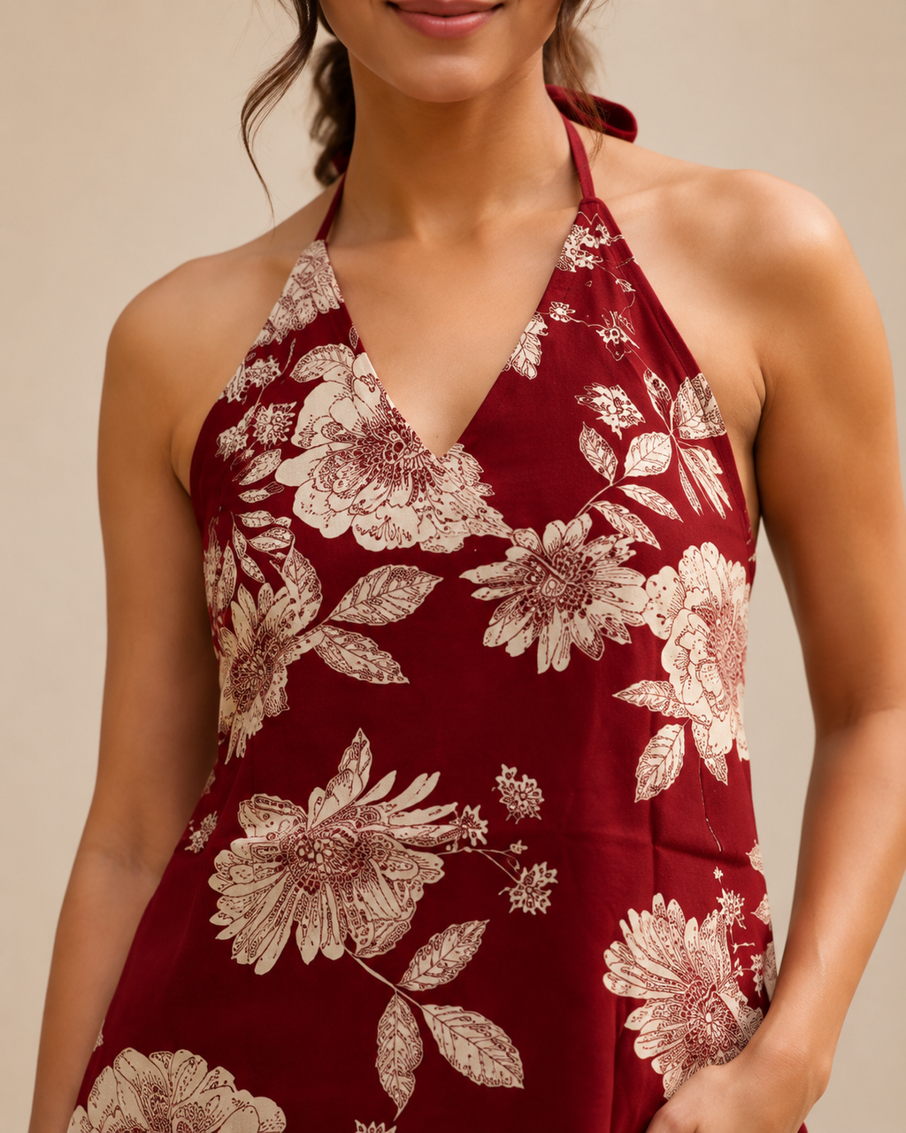 Crimson Red Floral Halter Neck Kurti | Corset Back Cotton Kurti — KUMAAI
