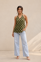 Olive Green Floral Halter Neck Kurti | Corset Back Cotton Kurti — KUMAAI