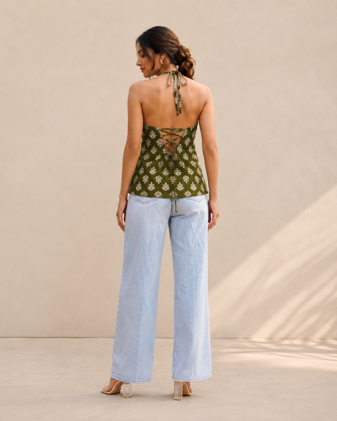 Olive Green Floral Halter Neck Kurti | Corset Back Cotton Kurti — KUMAAI