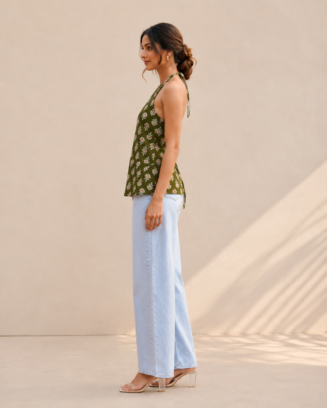 Olive Green Floral Halter Neck Kurti | Corset Back Cotton Kurti — KUMAAI
