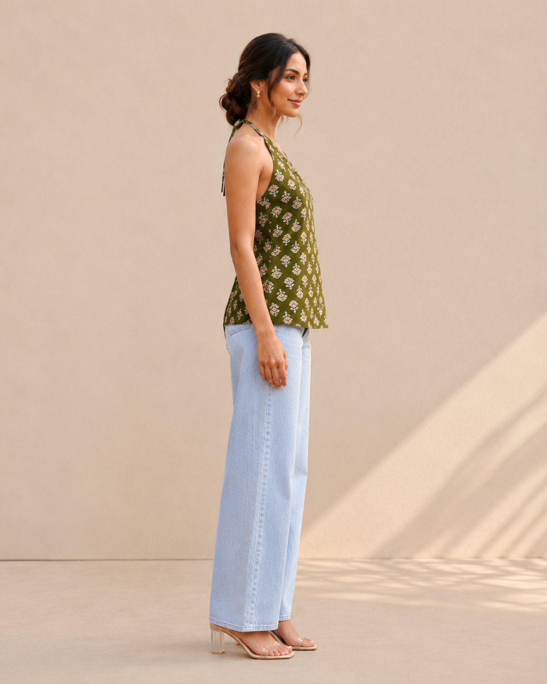 Olive Green Floral Halter Neck Kurti | Corset Back Cotton Kurti — KUMAAI