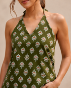 Olive Green Floral Halter Neck Kurti | Corset Back Cotton Kurti — KUMAAI
