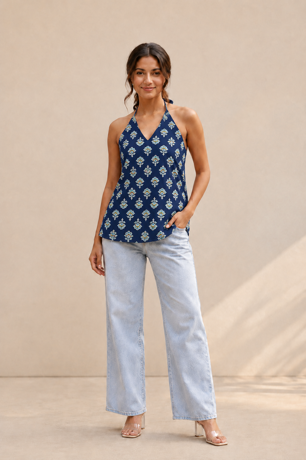Indigo Blossom Botanical Halter Neck Cotton Kurti | Statement Floral Print — KUMAAI