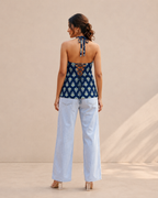 Indigo Blossom Botanical Halter Neck Cotton Kurti | Statement Floral Print — KUMAAI