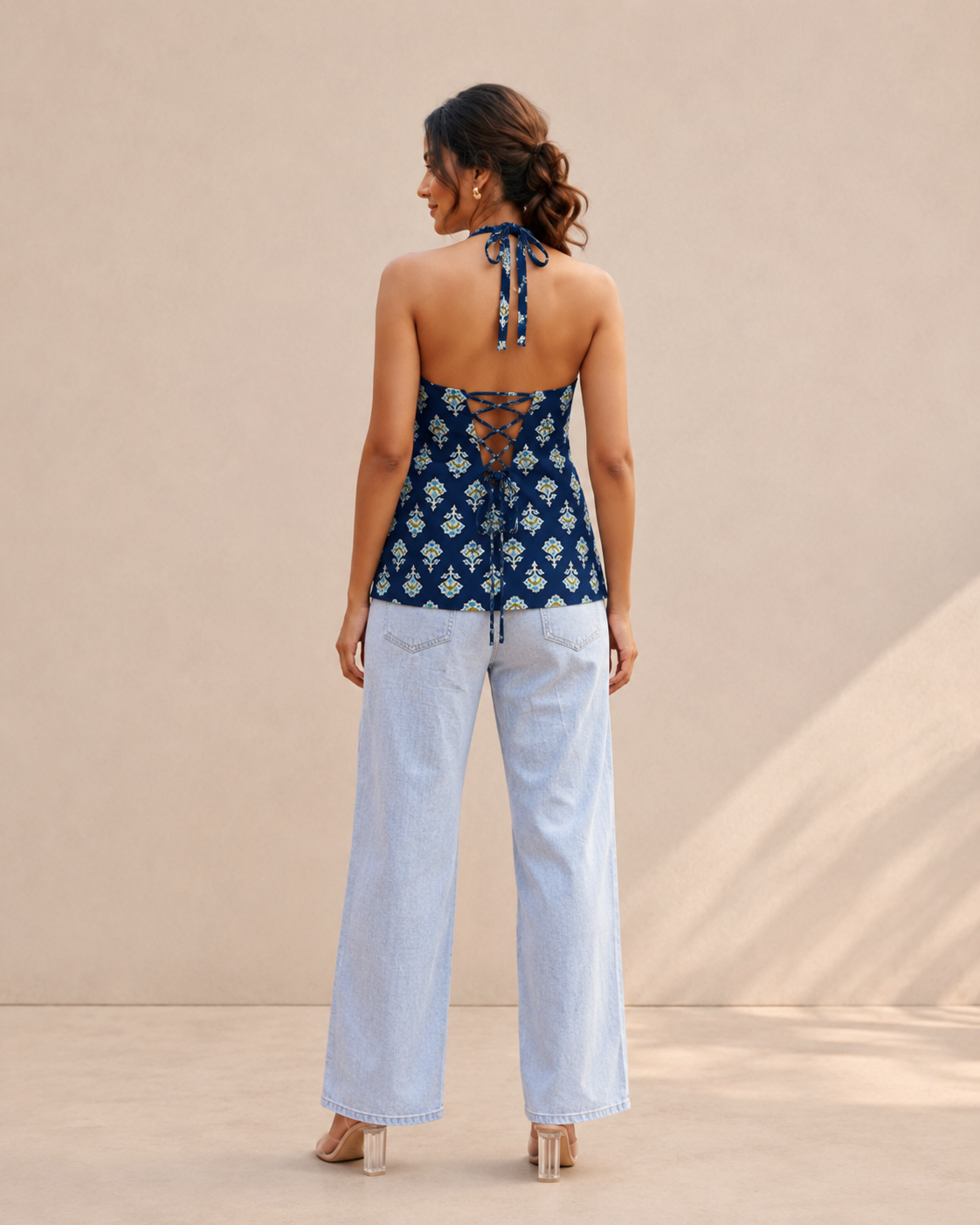 Indigo Blossom Botanical Halter Neck Cotton Kurti | Statement Floral Print — KUMAAI