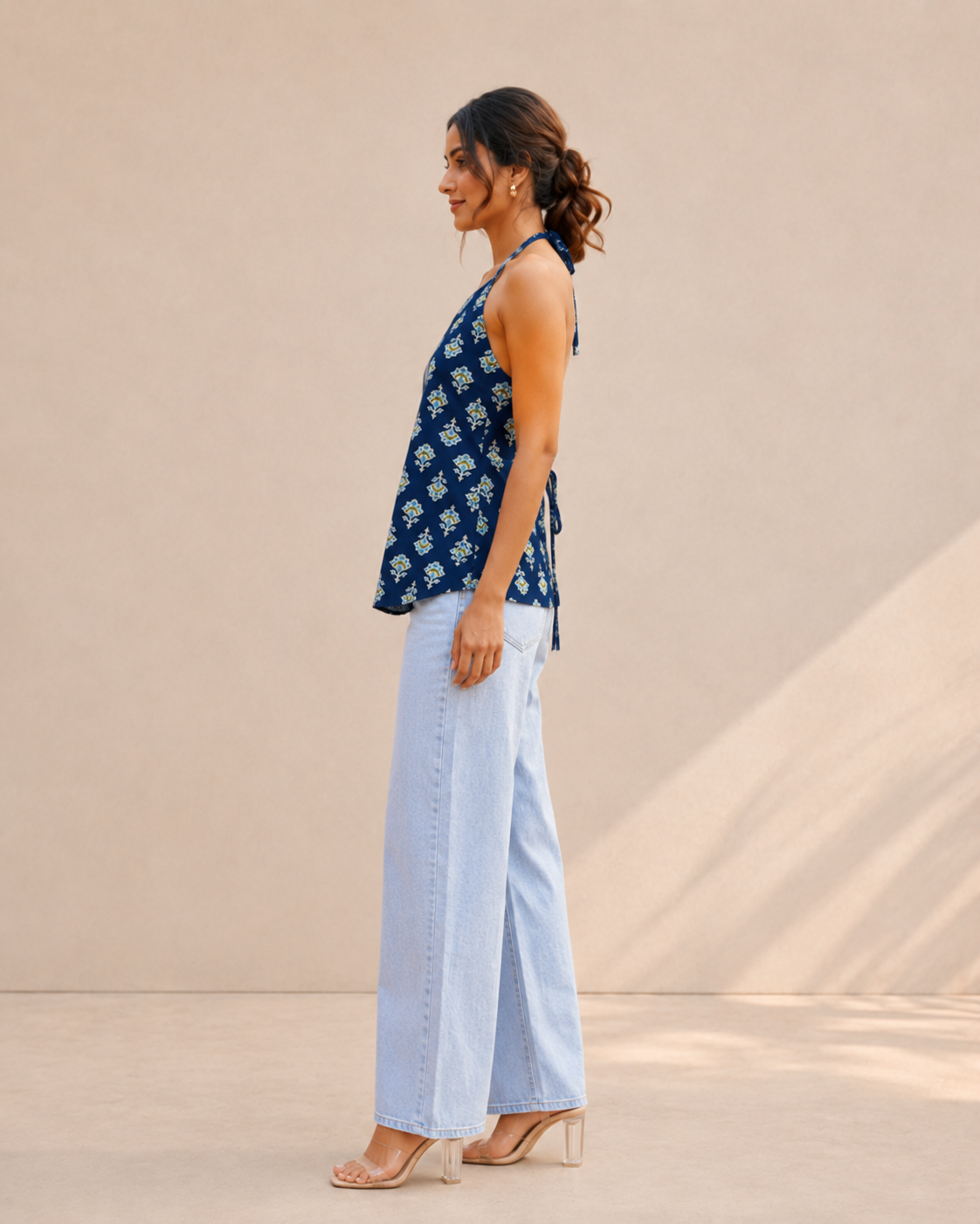 Indigo Blossom Botanical Halter Neck Cotton Kurti | Statement Floral Print — KUMAAI
