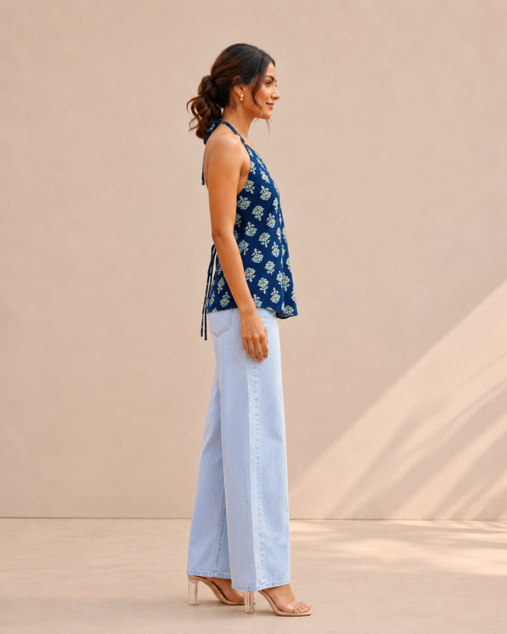 Indigo Blossom Botanical Halter Neck Cotton Kurti | Statement Floral Print — KUMAAI