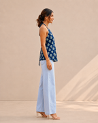 Indigo Blossom Botanical Halter Neck Cotton Kurti | Statement Floral Print — KUMAAI
