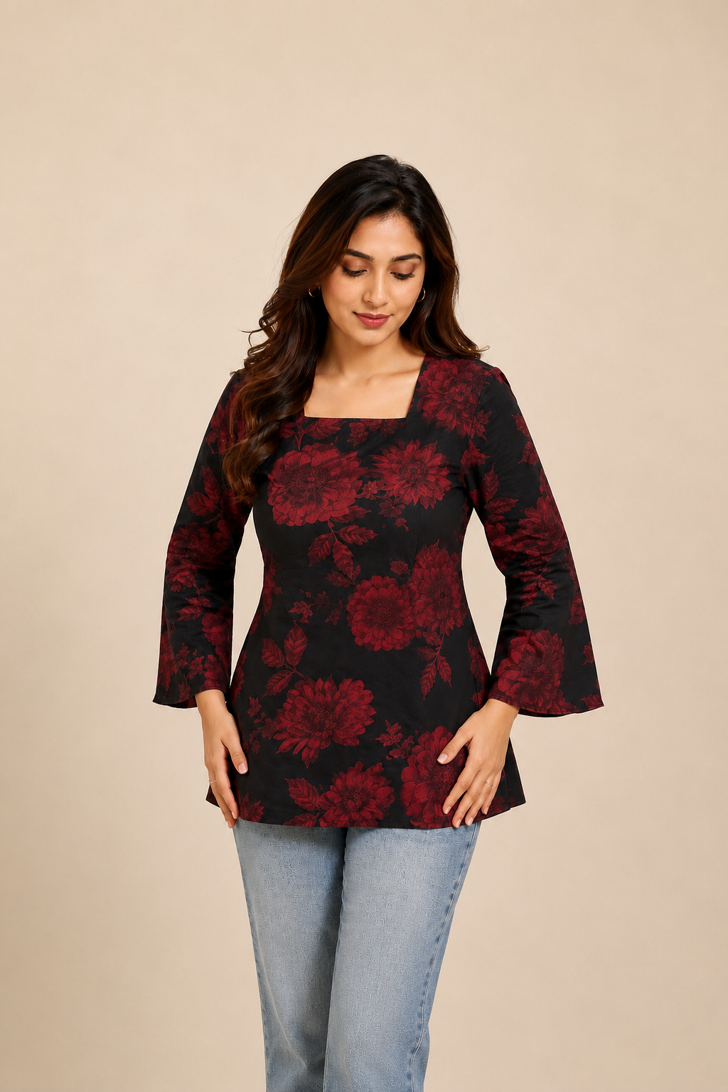 Crimson Red Floral Print Kurti | Bell Sleeve Cotton Kurti — KUMAAI