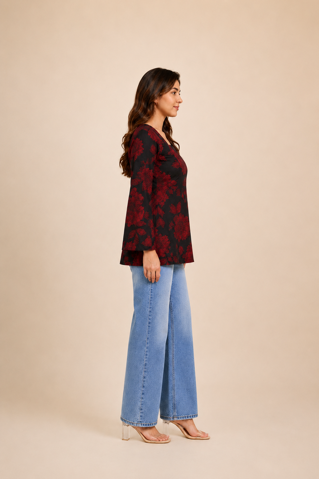 Crimson Red Floral Print Kurti | Bell Sleeve Cotton Kurti — KUMAAI