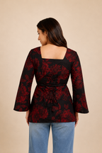 Crimson Red Floral Print Kurti | Bell Sleeve Cotton Kurti — KUMAAI