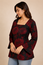 Crimson Red Floral Print Kurti | Bell Sleeve Cotton Kurti — KUMAAI