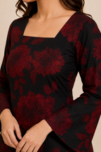 Crimson Red Floral Print Kurti | Bell Sleeve Cotton Kurti — KUMAAI