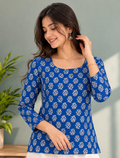 Blue Floral Print Cotton Kurti for Women | Full Sleeve A-Line Kurti — KUMAAI