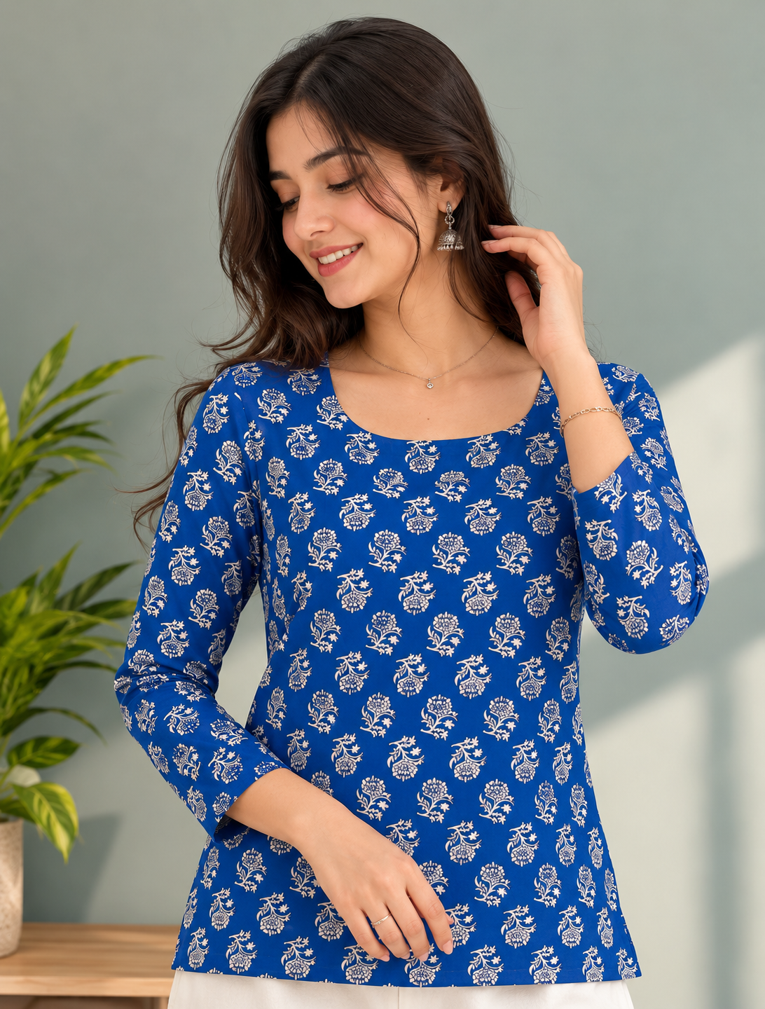 Blue Floral Print Cotton Kurti for Women | Full Sleeve A-Line Kurti — KUMAAI