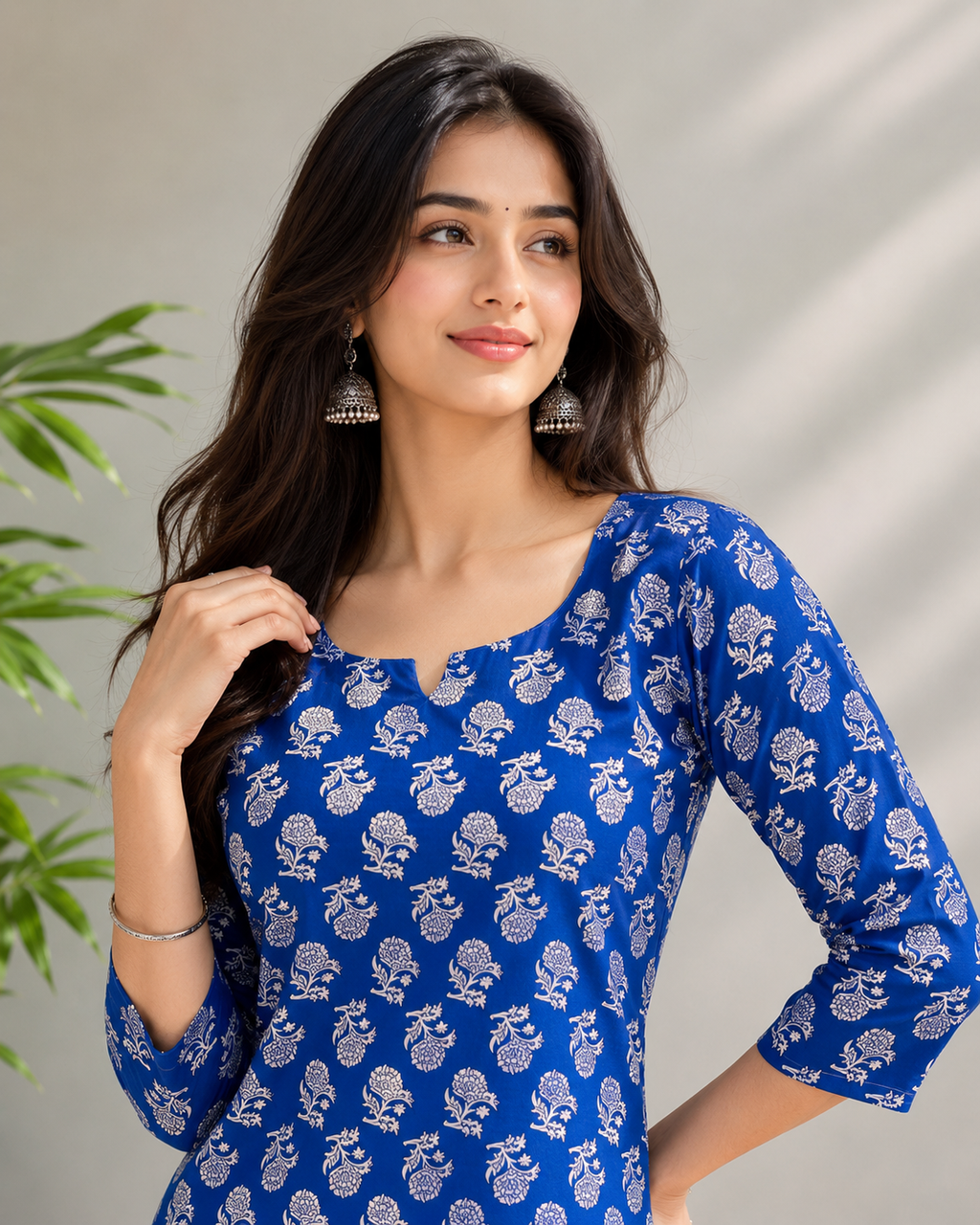 Blue Floral Print Cotton Kurti for Women | Full Sleeve A-Line Kurti — KUMAAI