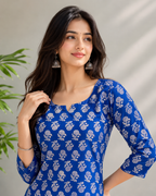 Blue Floral Print Cotton Kurti for Women | Full Sleeve A-Line Kurti — KUMAAI