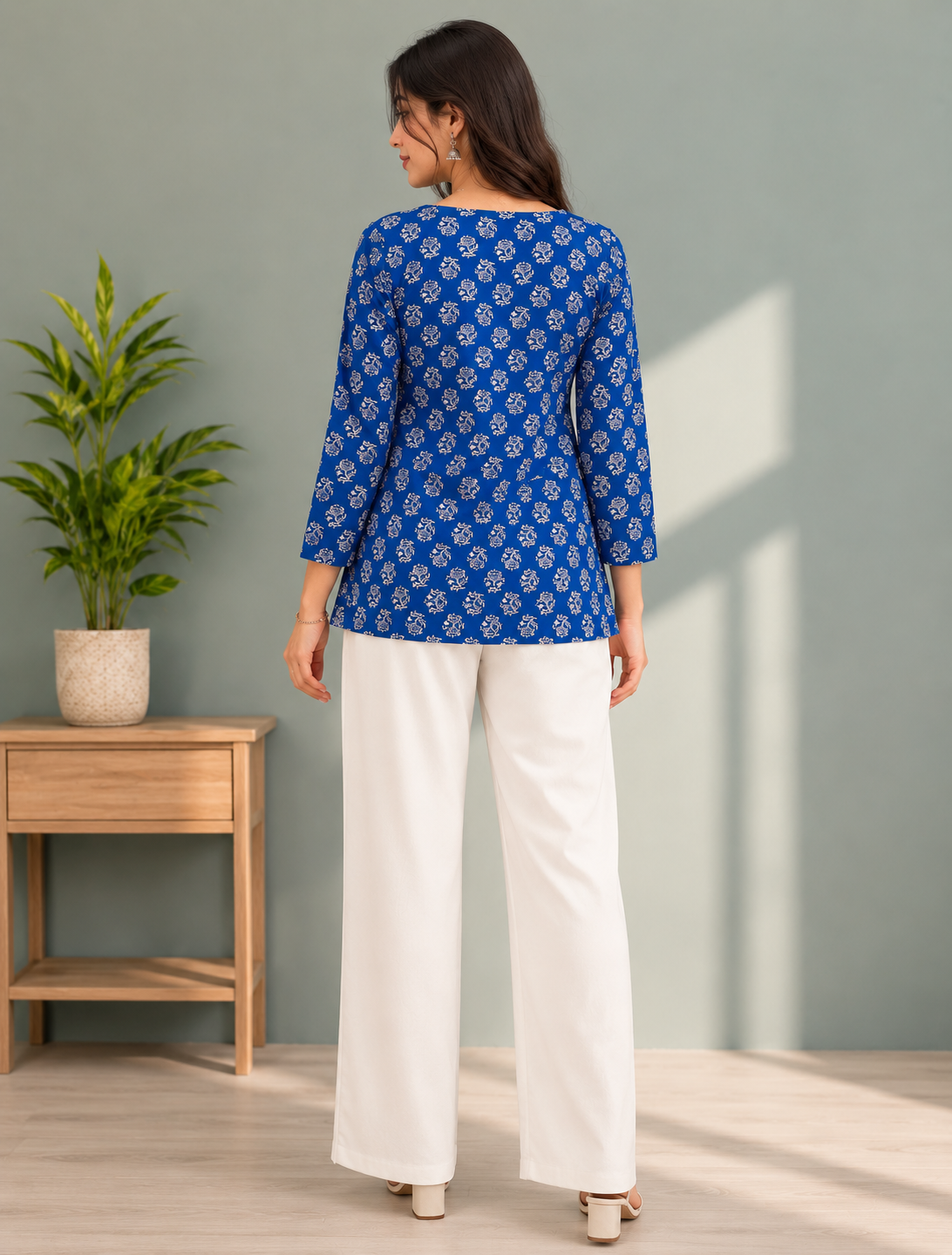 Blue Floral Print Cotton Kurti for Women | Full Sleeve A-Line Kurti — KUMAAI