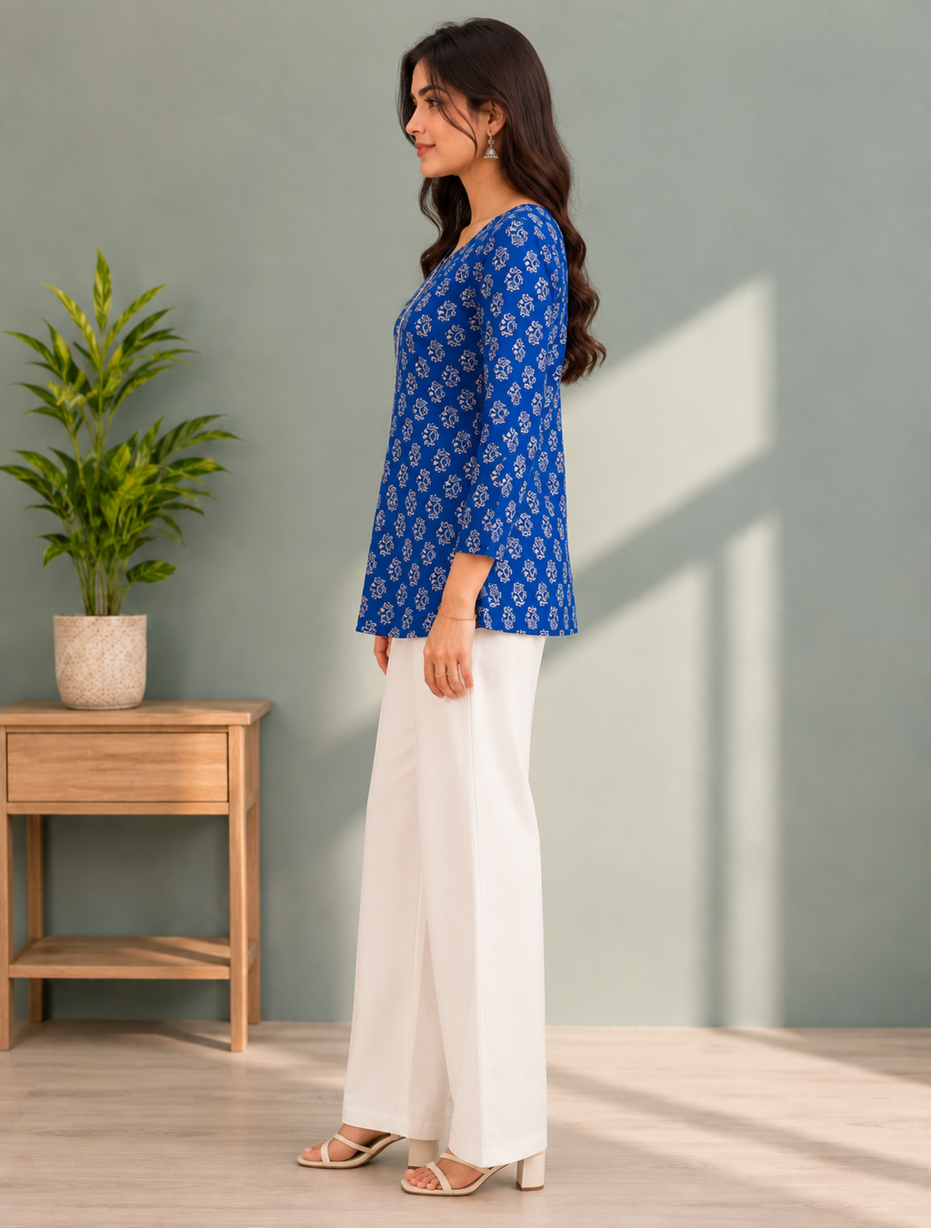 Blue Floral Print Cotton Kurti for Women | Full Sleeve A-Line Kurti — KUMAAI