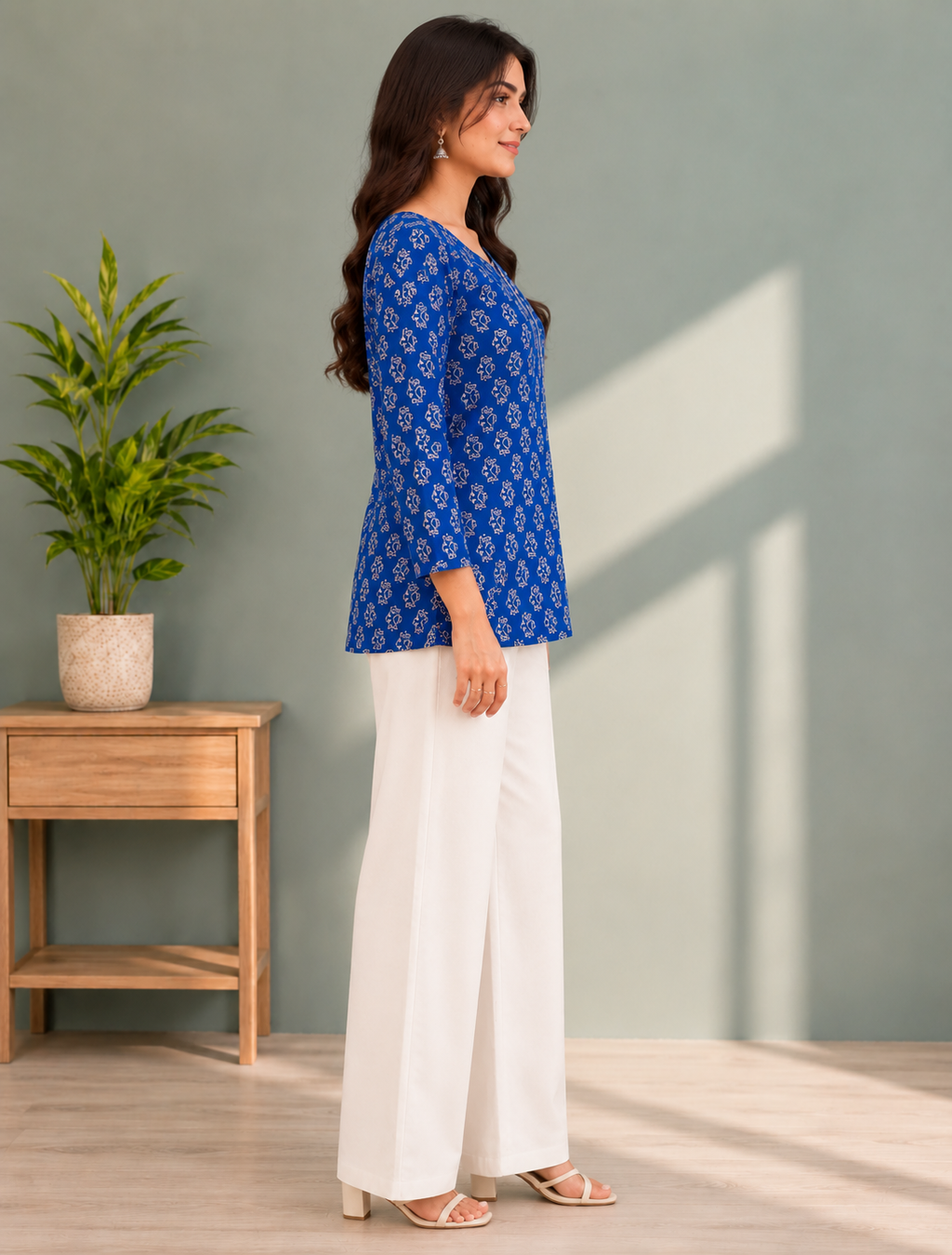 Blue Floral Print Cotton Kurti for Women | Full Sleeve A-Line Kurti — KUMAAI