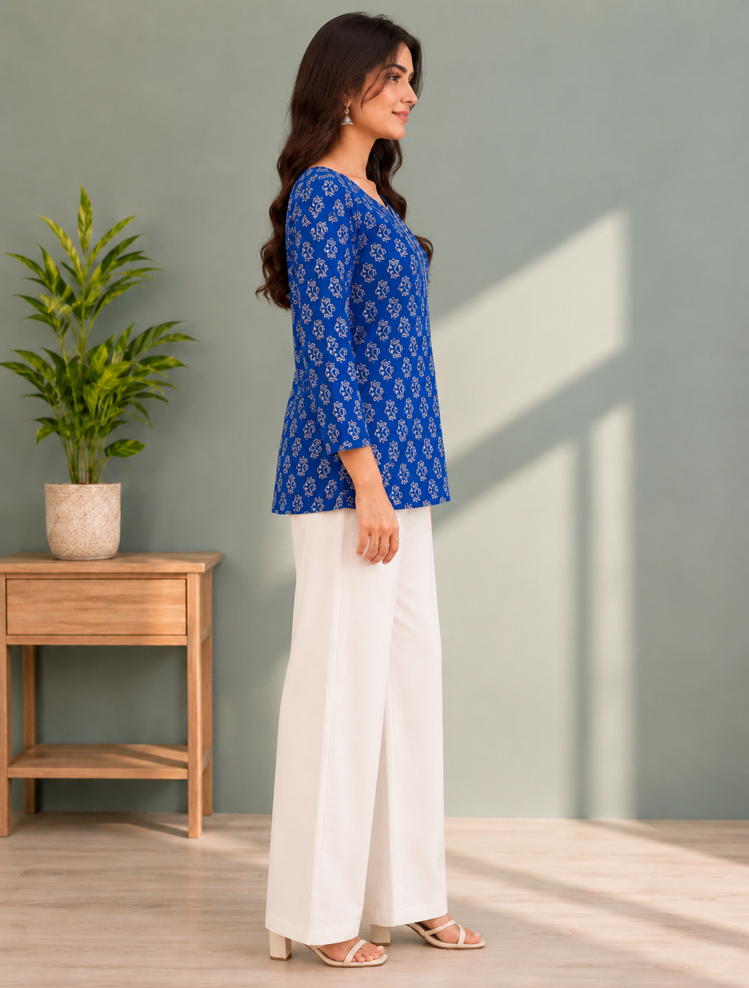 Blue Floral Print Cotton Kurti for Women | Full Sleeve A-Line Kurti — KUMAAI
