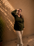 Olive Green Solid V-Neck Bell Sleeve Cotton Kurti