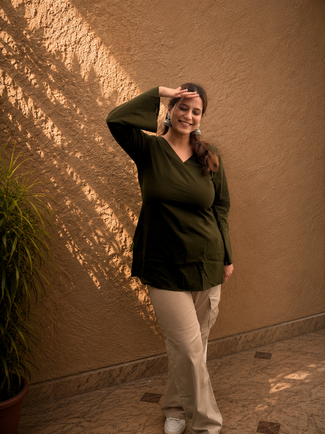Olive Green Solid V-Neck Bell Sleeve Cotton Kurti