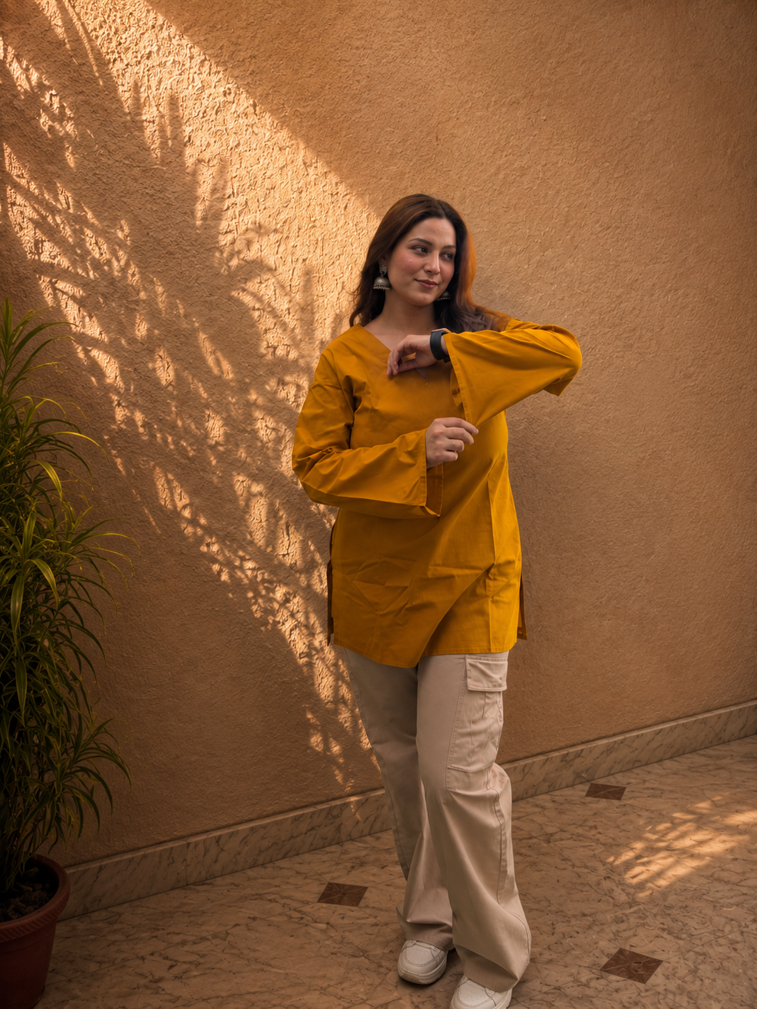 Mustard Yellow Solid V-Neck Bell Sleeve Cotton Kurti