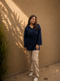 Navy Blue Solid V-Neck Bell Sleeve Cotton Kurti