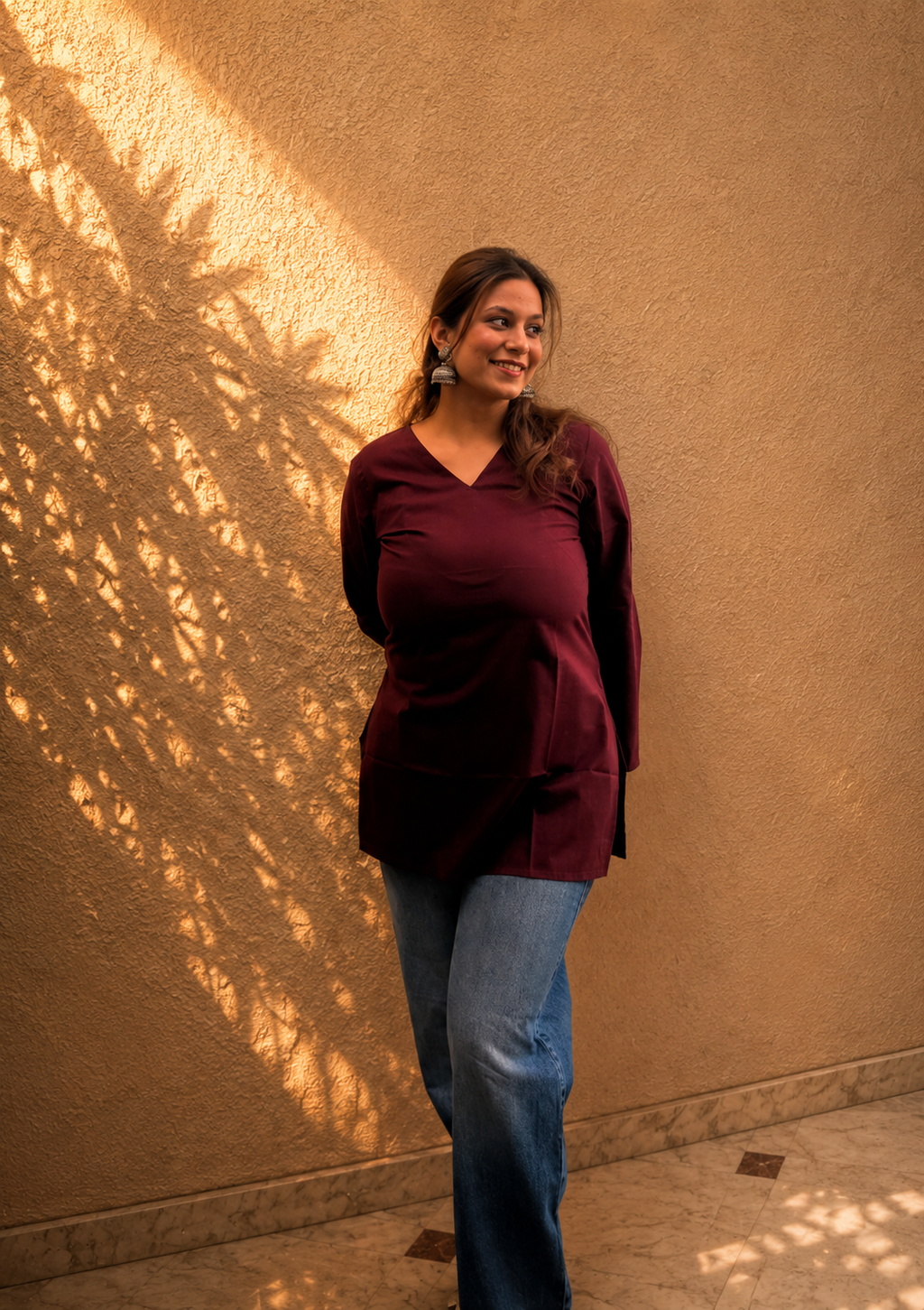 Burgundy Solid V-Neck Bell Sleeve Cotton Kurti