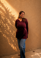 Burgundy Solid V-Neck Bell Sleeve Cotton Kurti