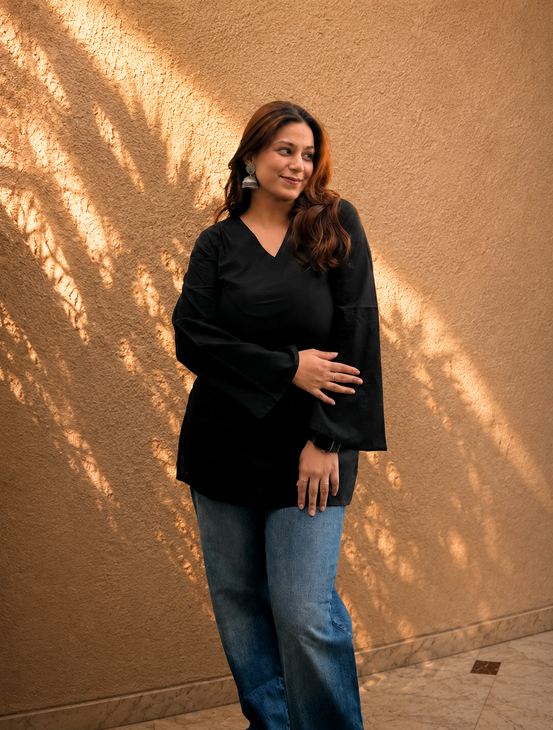 Black Solid V-Neck Bell Sleeve Cotton Kurti
