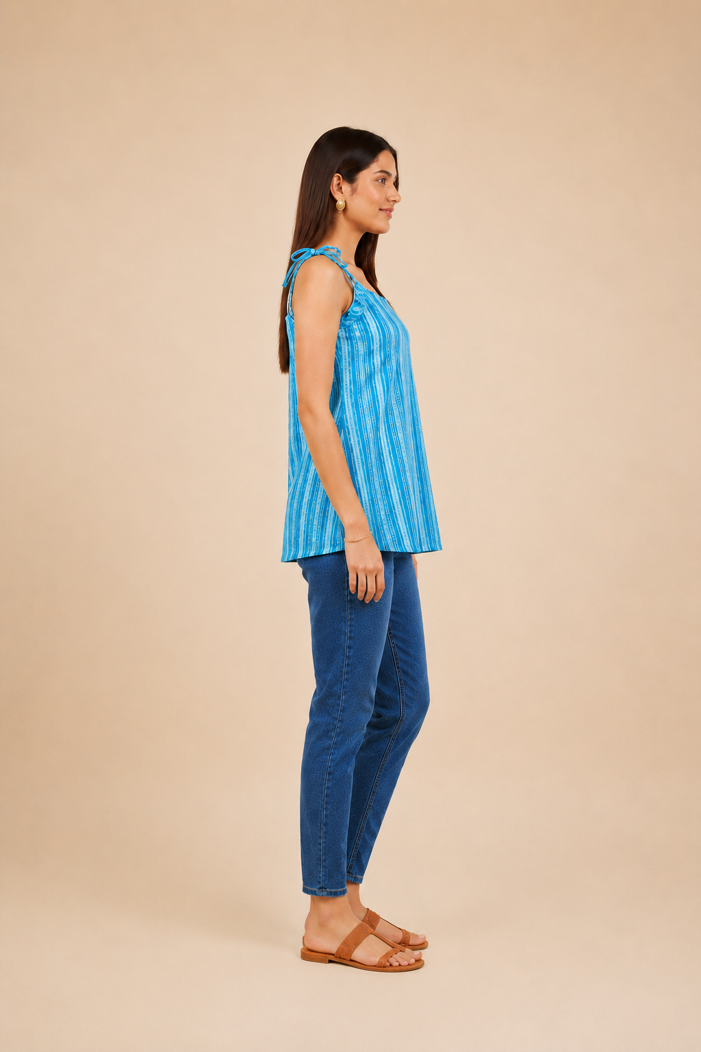 Turquoise Striped Cotton Kurti | Shoulder Dori Tie Kurti for Women — KUMAAI