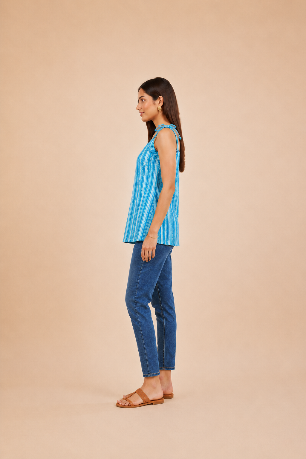 Turquoise Striped Cotton Kurti | Shoulder Dori Tie Kurti for Women — KUMAAI