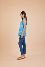 Turquoise Striped Cotton Kurti | Shoulder Dori Tie Kurti for Women — KUMAAI