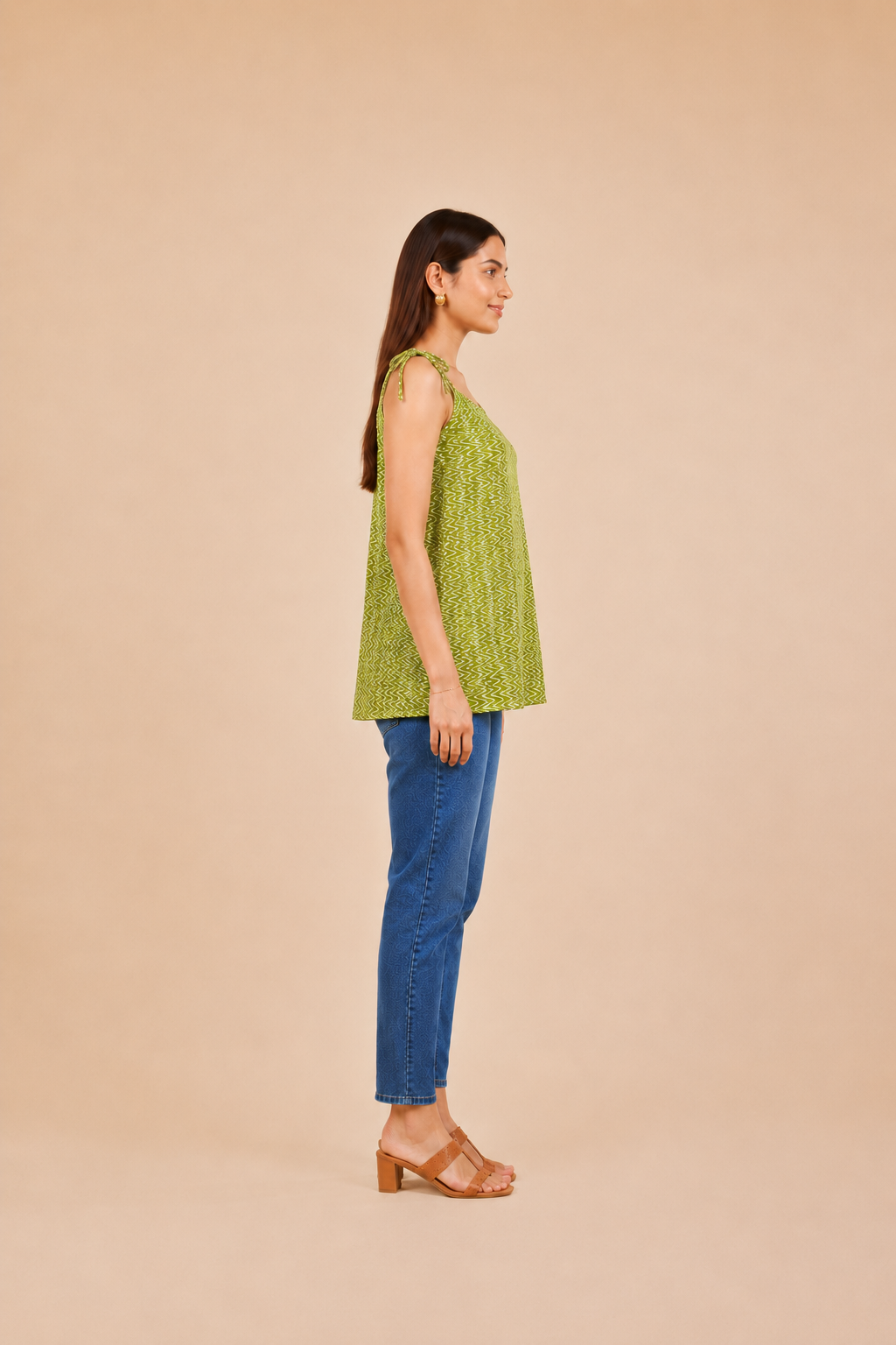 Olive Green Zigzag Print Cotton Kurti | Shoulder Dori Kurti — KUMAAI