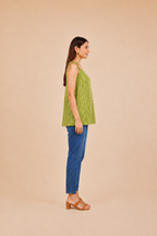 Olive Green Zigzag Print Cotton Kurti | Shoulder Dori Kurti — KUMAAI