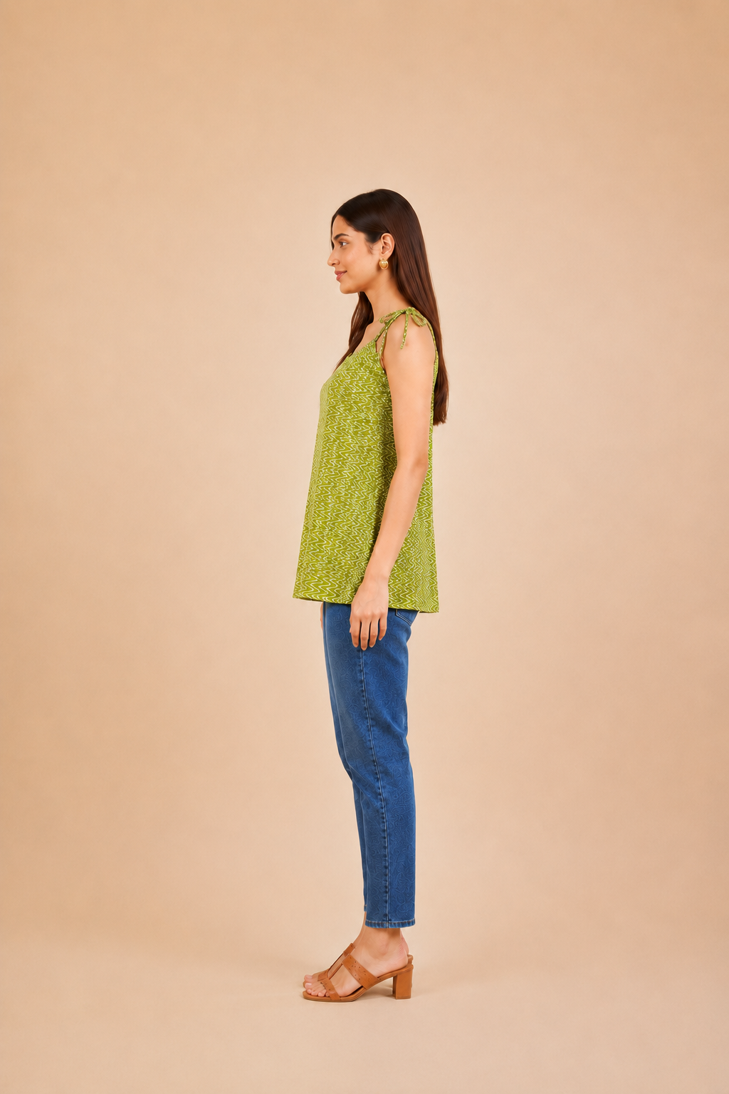 Olive Green Zigzag Print Cotton Kurti | Shoulder Dori Kurti — KUMAAI