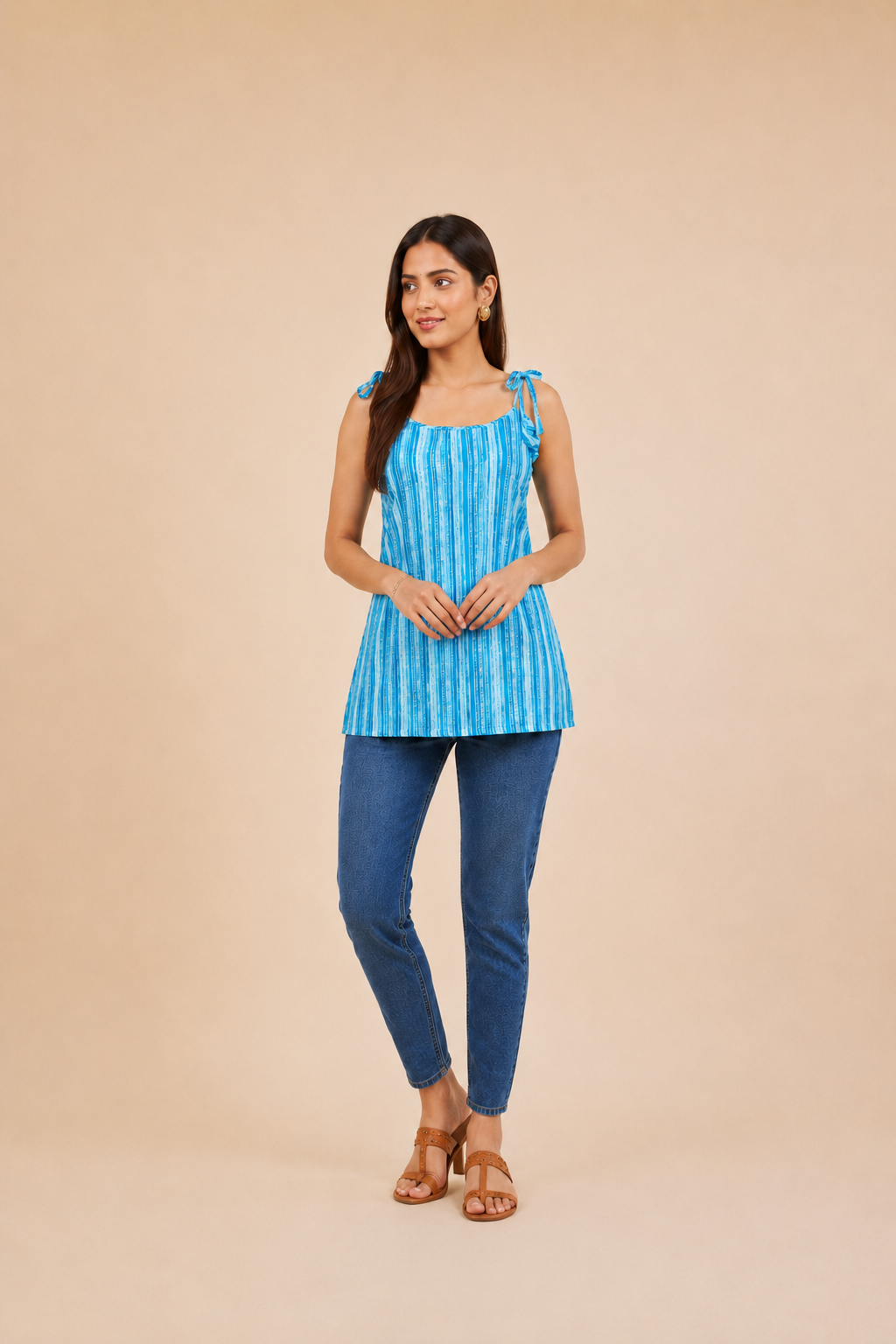 Turquoise Striped Cotton Kurti | Shoulder Dori Tie Kurti for Women — KUMAAI