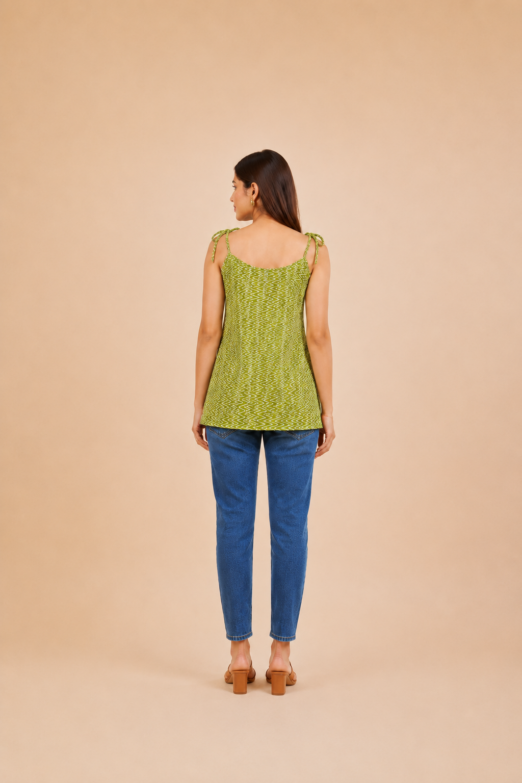 Olive Green Zigzag Print Cotton Kurti | Shoulder Dori Kurti — KUMAAI