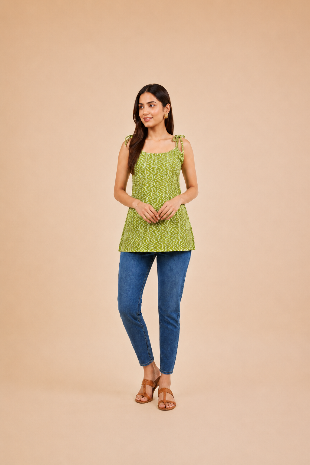 Olive Green Zigzag Print Cotton Kurti | Shoulder Dori Kurti — KUMAAI