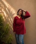 Red Solid V-Neck Bell Sleeve Cotton Kurti