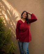 Red Solid V-Neck Bell Sleeve Cotton Kurti
