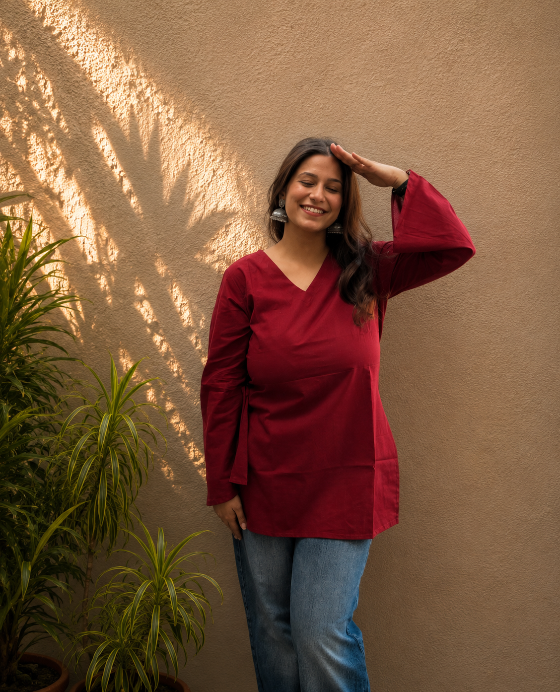 Red Solid V-Neck Bell Sleeve Cotton Kurti