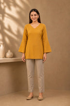 Mustard Yellow Solid V-Neck Bell Sleeve Cotton Kurti
