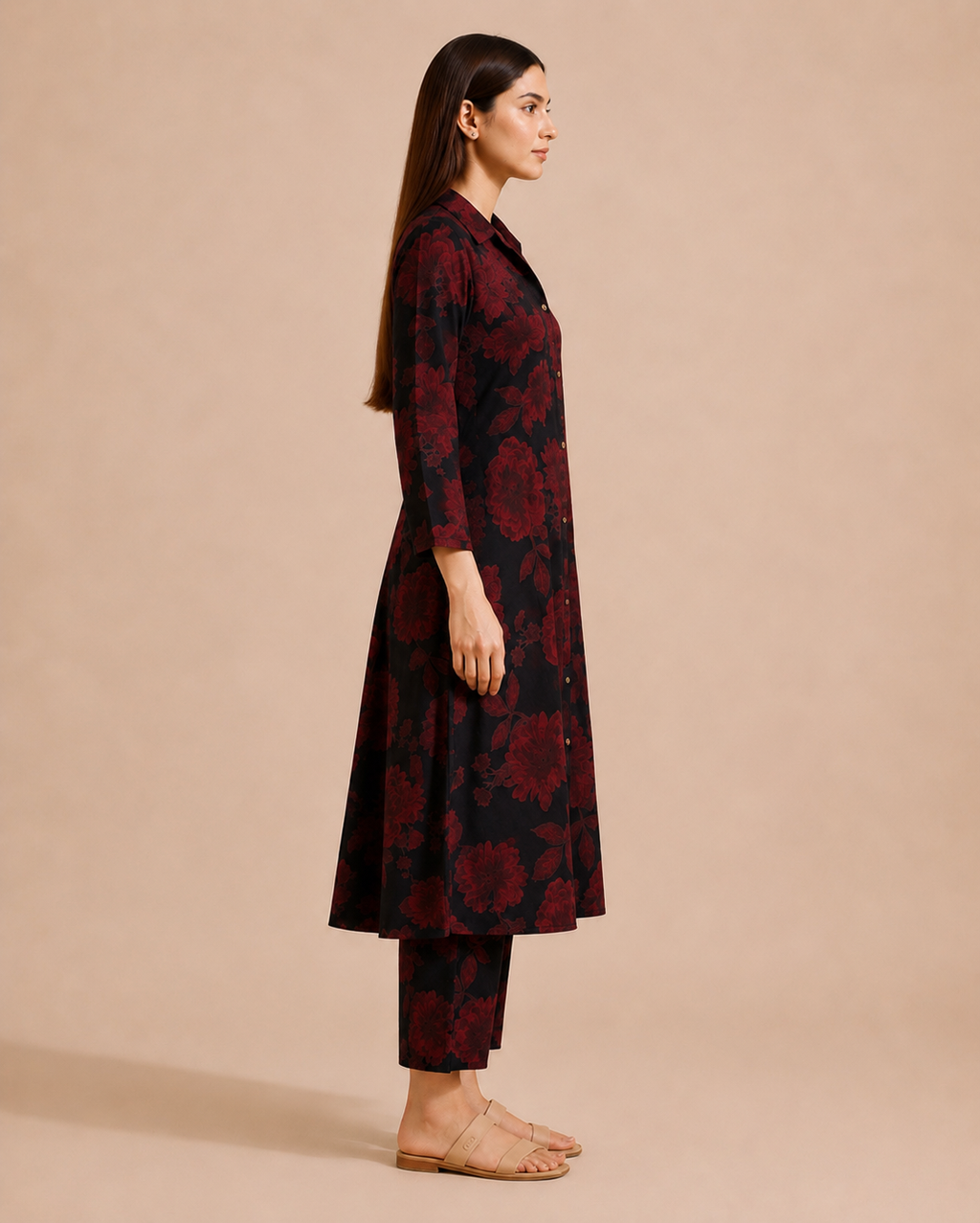 Black & Crimson Floral Print Cotton Co-ord Set — KUMAAI