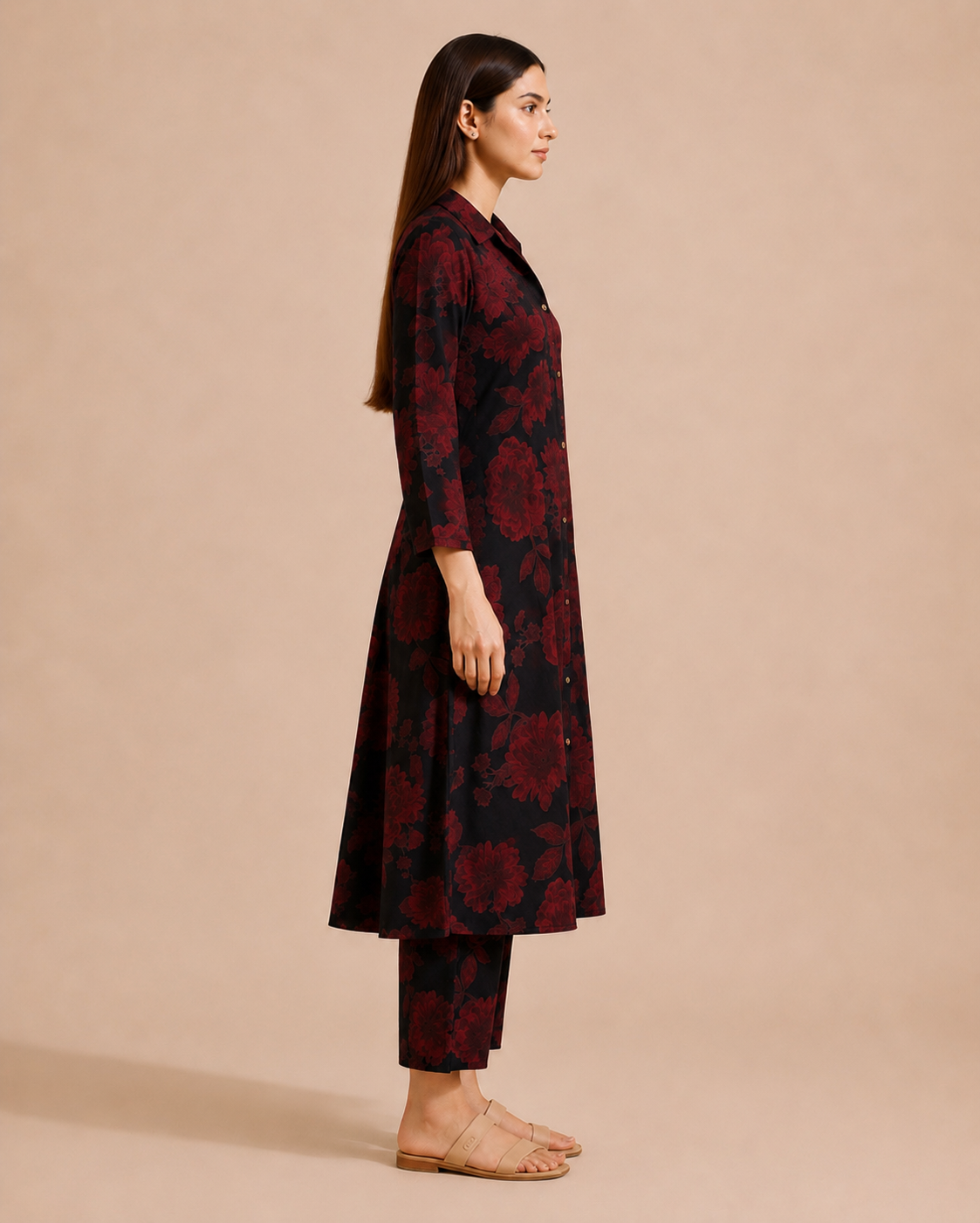 Black & Crimson Floral Print Cotton Co-ord Set — KUMAAI