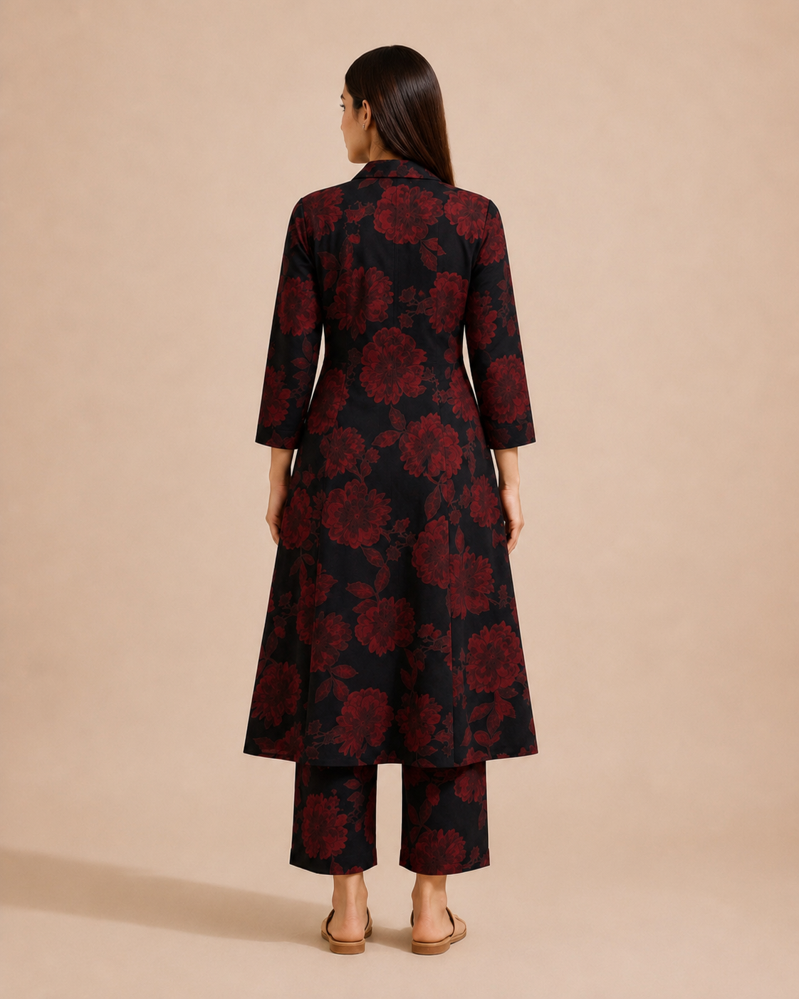 Black & Crimson Floral Print Cotton Co-ord Set — KUMAAI